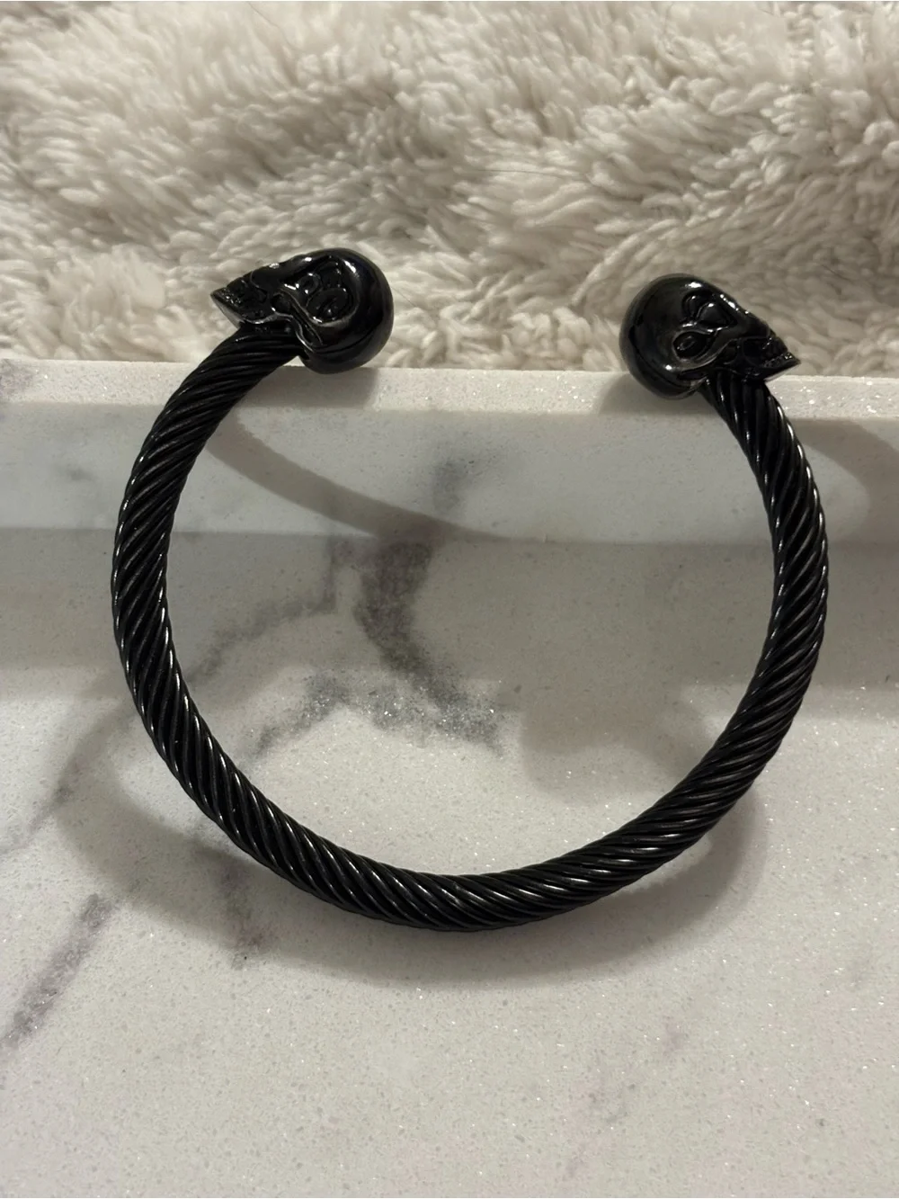 Men's Black Twisted Cable Cuff Bracelet with Skull End Caps